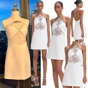 🆕 SELF PORTRAIT 🧿 NWOT White Crepe Halterneck Mini Dress, Sz UK 8 / US 4